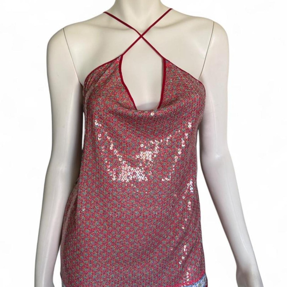 Clover Canyon Sequin Floral Cowl Neck Cami Tank Top Silk Trim Open Back Pink